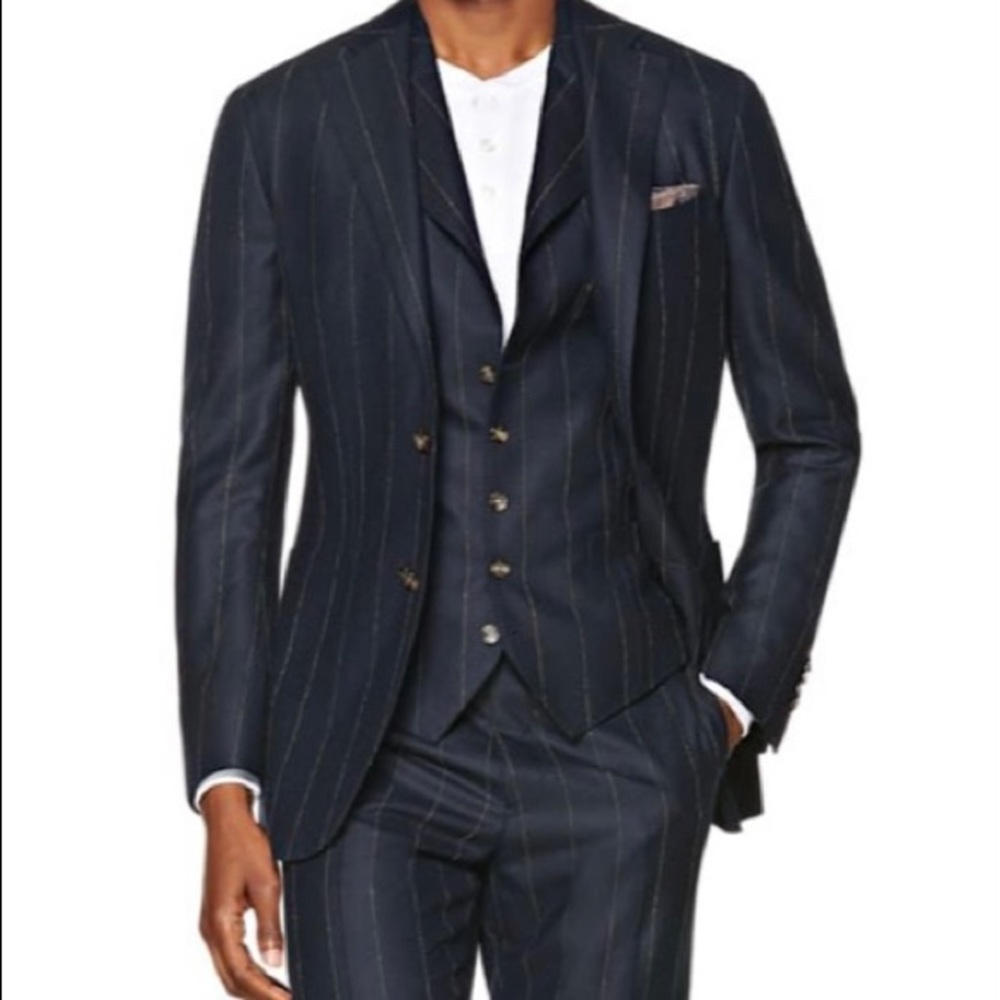 suitsupply 36r havana 3 piece gold pinstripe